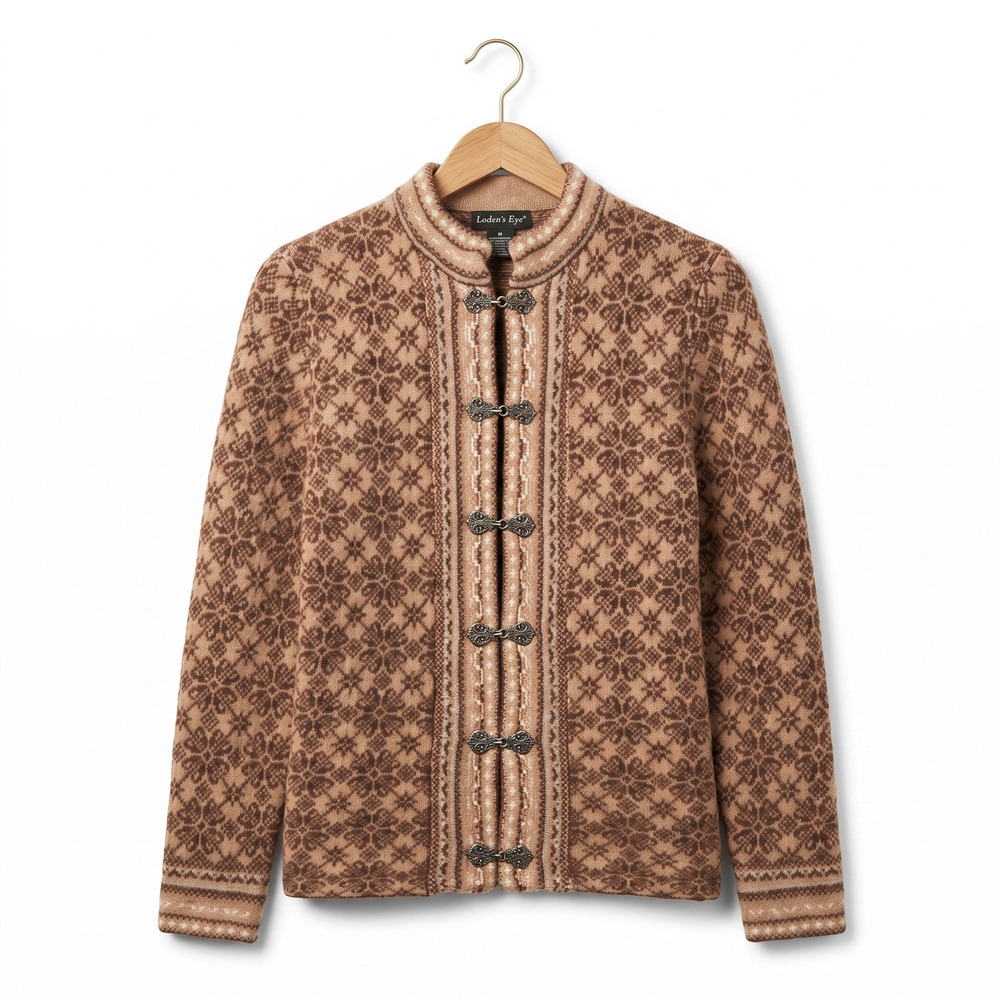 Eagles Eye Vintage Lambswool Cardigan Brown Nordic Snowflake Bronze Clasps Small